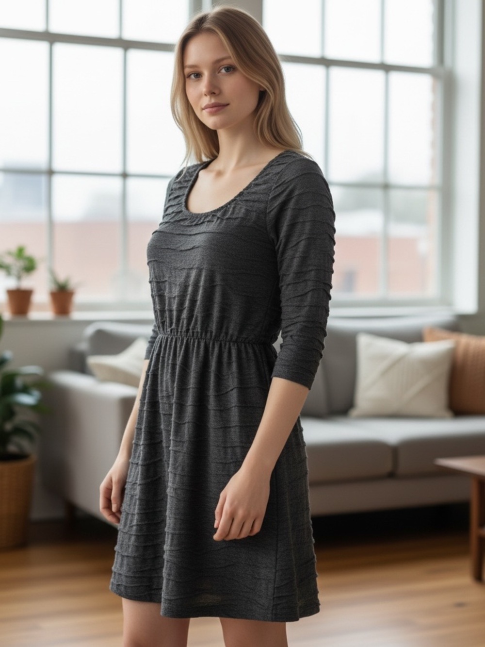 Three Hearts Charcoal Textured Scoop Neck Long Sleeve Dress